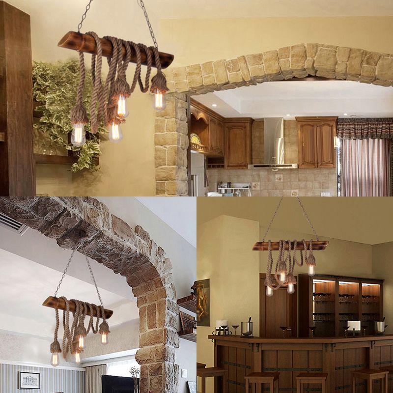 Country Rope Rope Island Light 3/4/6-Light Bamboo Island Pendant Light avec une ampoule nue en beige