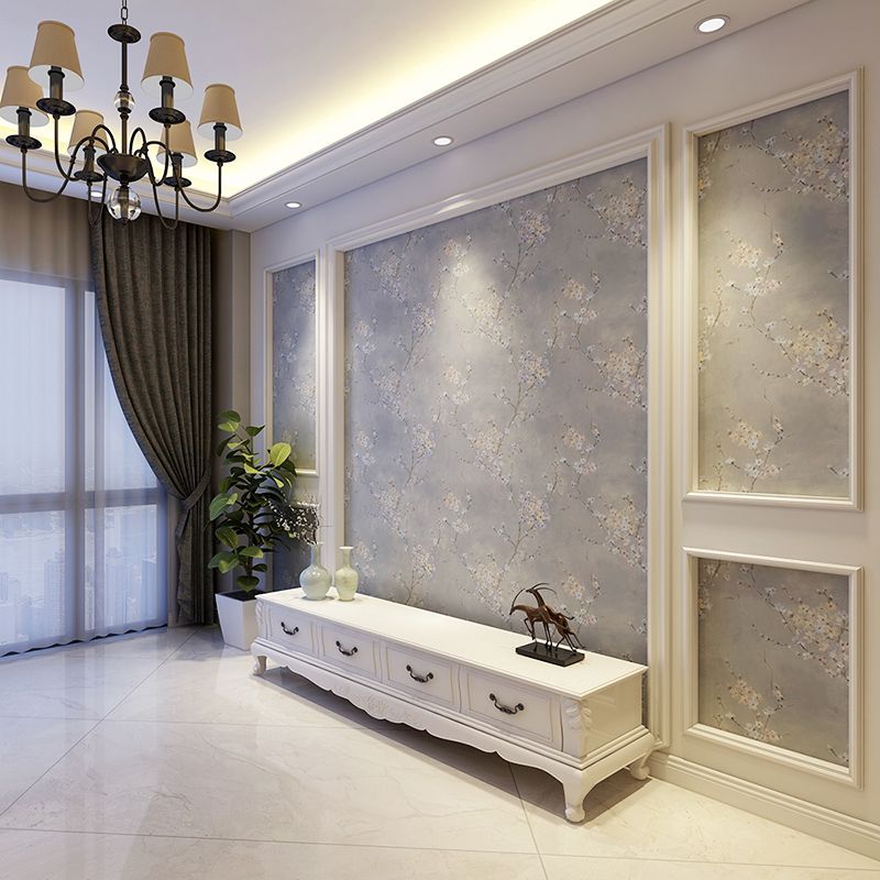 Plum Flowers Wallpaper Roll Rustic Glitter Wall Decoration in Light Color, Non-Woven