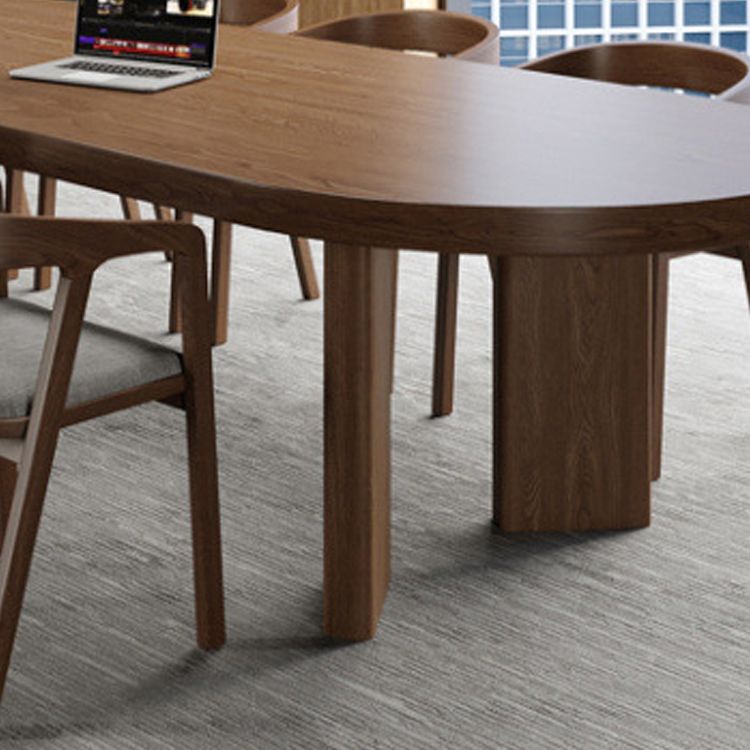 Solid Wood Top Dining Table Modern Oval Table with 4 Legs in Brown