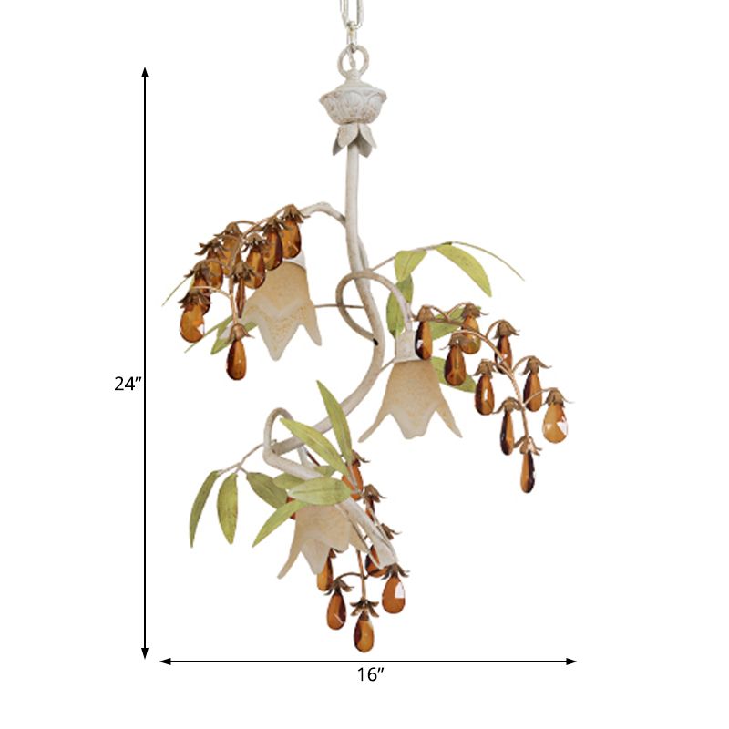 Floral Shape White Glass Chandelier Light Rustic 3 Lights Dining Room Hanging Light with Black/White Arm