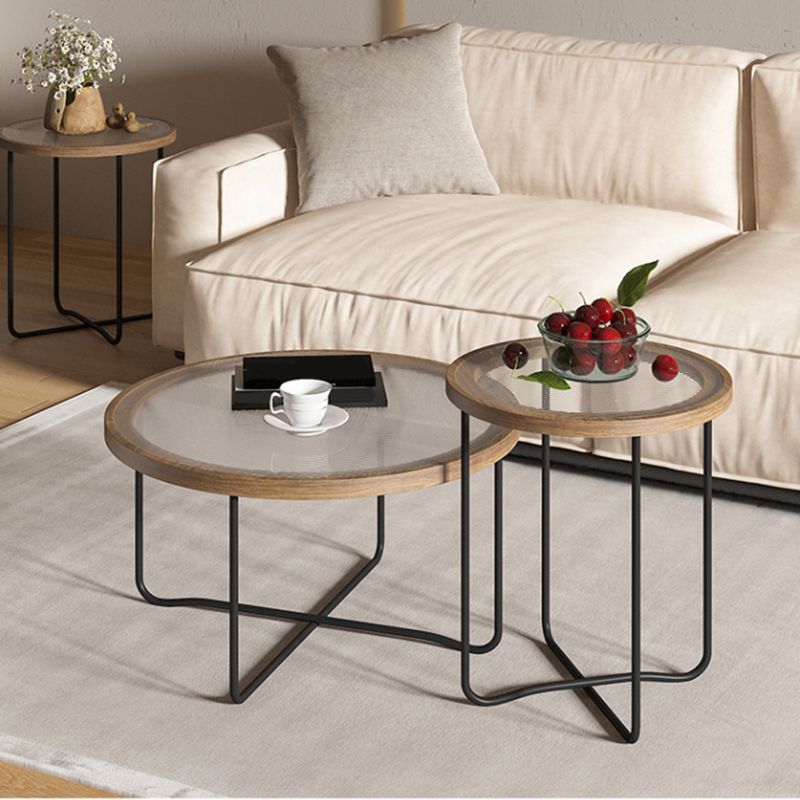 Round Glass Top Coffee Table Set Frame Cocktail Table with Wood Accent