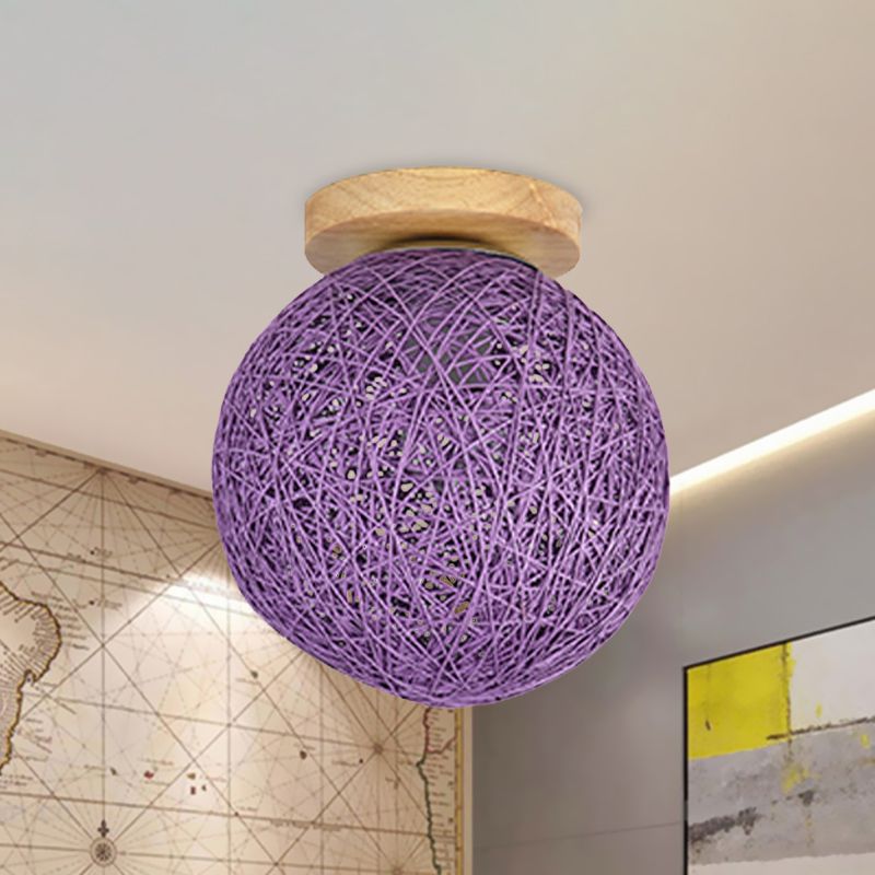 Modern Style Handwoven Flush Mount Fixture with Ball Shade Rattan 6"/8" W 1-Head Corridor Ceiling Light in Red/Pink