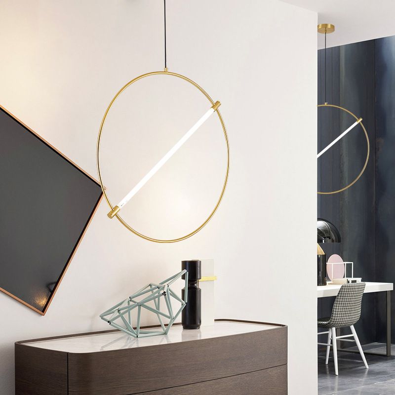 Circle Hanging Light Minimalist Metal 1 Head Gold Suspended Lighting Fixture, 16"/23.5" Wide