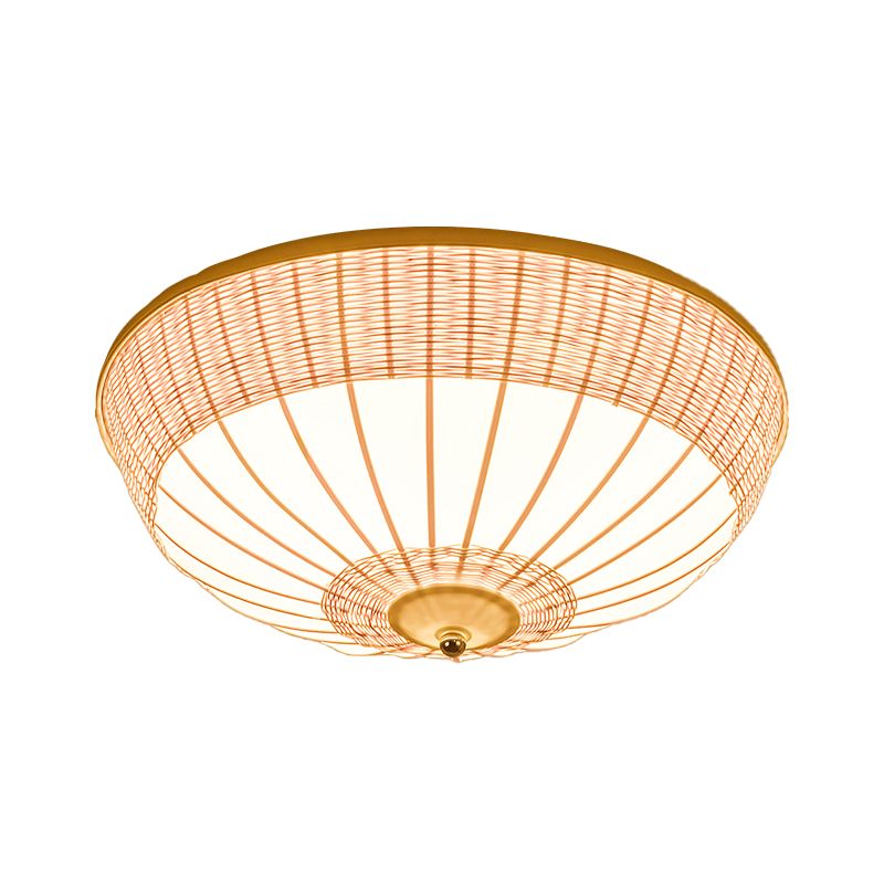 Asian 3 Heads Flush Mount Beige Hemisphere Close to Ceiling Lamp with Bamboo Shade