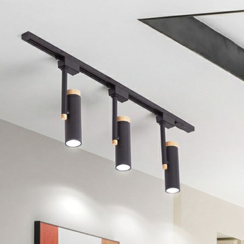Nordic Tubular Semi Flush Mount Spotlight Metallic Living Room Track Light with Wood Cap