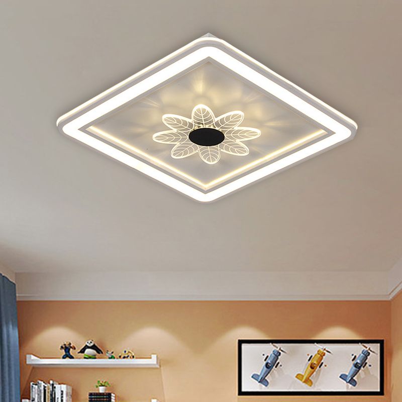 Kids Square Ceiling Flush Acrylic LED Bedroom Flush Mount Fixture with Windmill/Flower Detail in Black-White