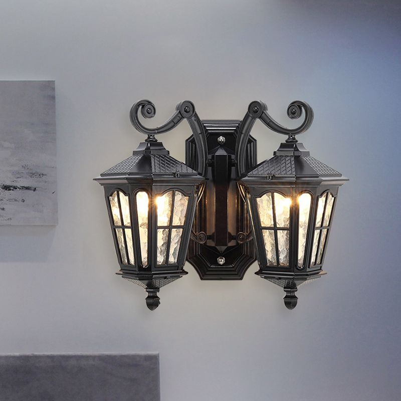 Luz de pared de pared al aire libre geométrica Cañón de agua 2 luces Lámpara de matorral de acabado negro con brazo de doble remolino