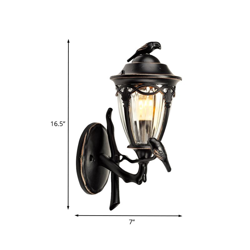 Clear Glass Urn Wall Sconce Countryside 1 Light Patio Wall Lighting in Black with Bird Decor
