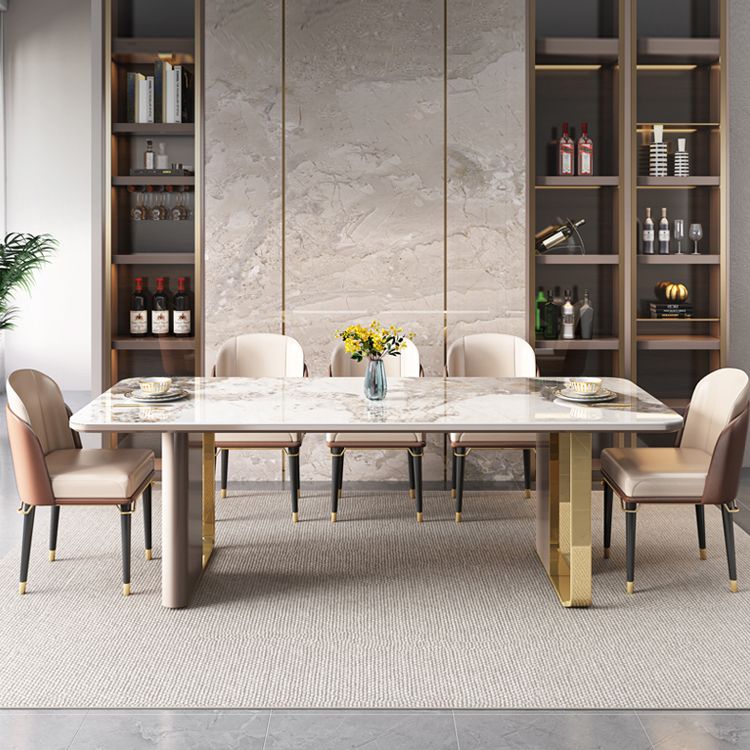 Moderne gesinterde stenen tafel set van 5/7 met rechthoektafel dinerset met gouden dubbele voetstuk