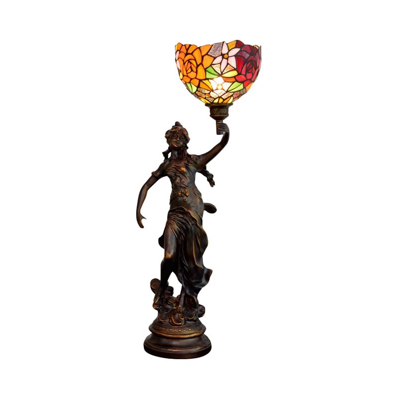 Angel Statue Night Stand Light Single White-Green/Orange/Green Floral Glass Tiffany Table Lighting in Bronze