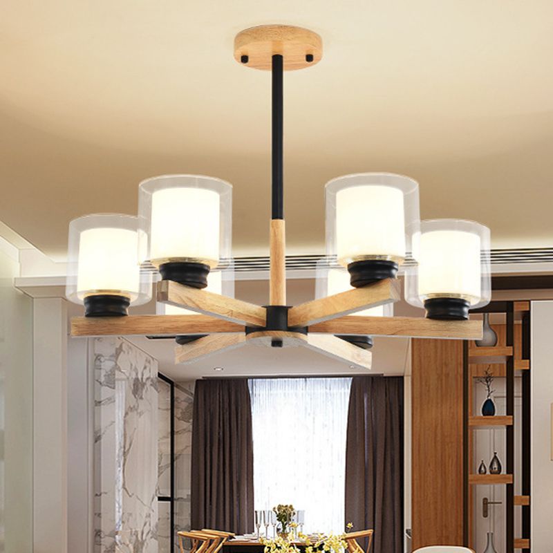 Cylinder Chandelier Lighting Fixtures Modern White Glass Suspension Light With Wooden Stand for Living Room