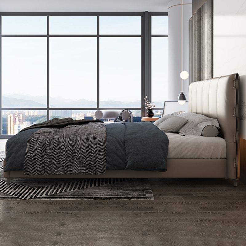 Wooden Modern Grey Bed Frame with Headboard, Genuine Leather Panel Bed