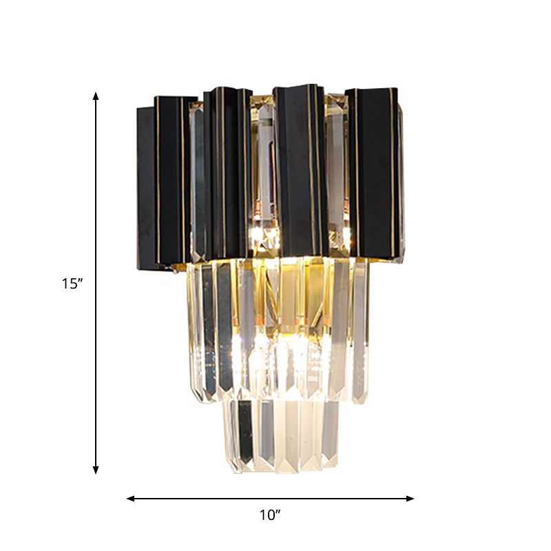 3 Bulbs Clear Crystal Prisms Sconce Light Contemporary Black Boxes Tapered Bedroom Wall Lamp