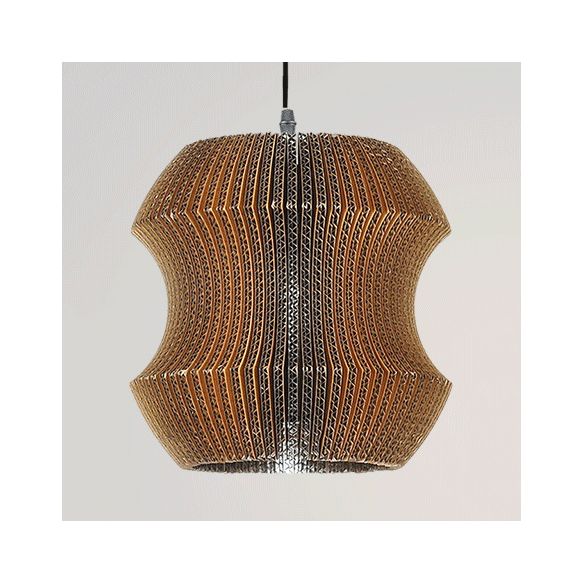 Woven Shade Hanging Lighting Asian Style Corrugated Paper 1 Bulb Restaurant Pendant Lamp in Beige/Brown