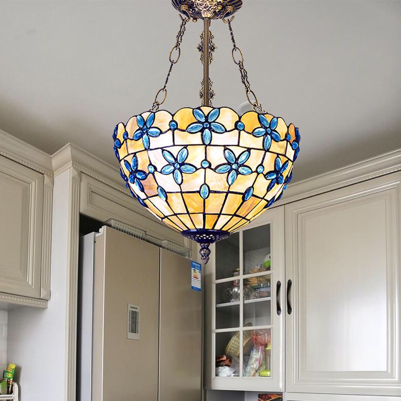 Bloem Semi Flush Light Tiffany Style Shell 12"/14"/16" Breed 3 Lichten Antiek Messing Plafondarmatuur