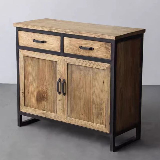 Distressed Wood 15.7" D Accent Cabinet Industrial Iron 2 - Door Chest with 2 Drawers