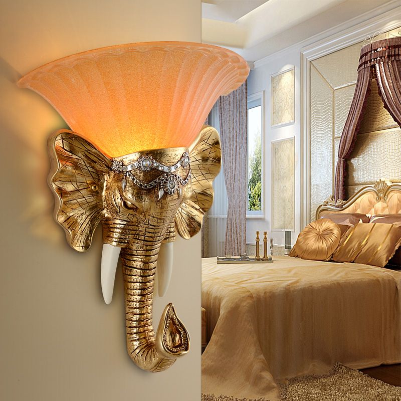 1-Light Flared Wall Mount Lamp Modern Amber Sandblasted Glass Sconce Lighting with Gold Resin Elephant