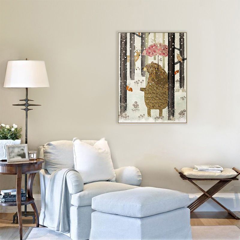 Fun Forest Bear Wall Art Kids Bedroom Animal Drawing Canvas Print in Pastel Color