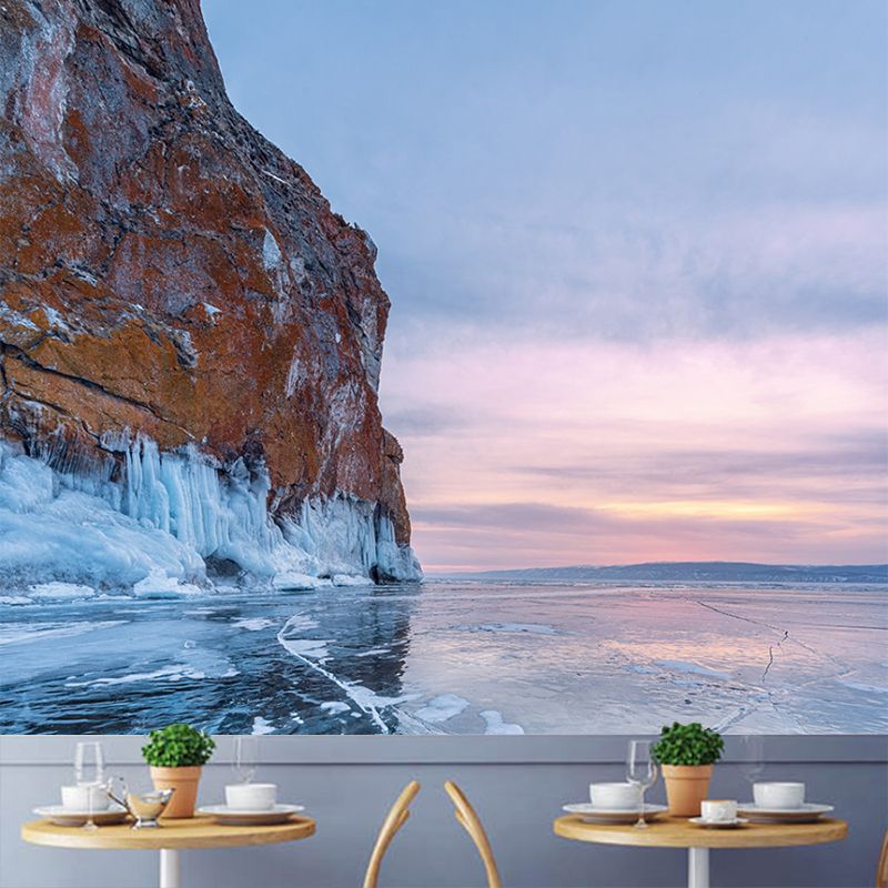 Mountain with Crackle Ice Mural Blue Modernist Wall Decoration for Home, Non-Woven