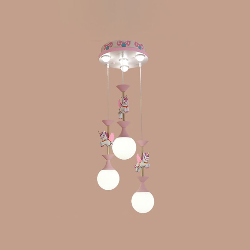 Cartoon Flying Unicorn Multi Light Pendant Resin Kindergarten Hanging Lighting with Sphere Cream Glass Shade