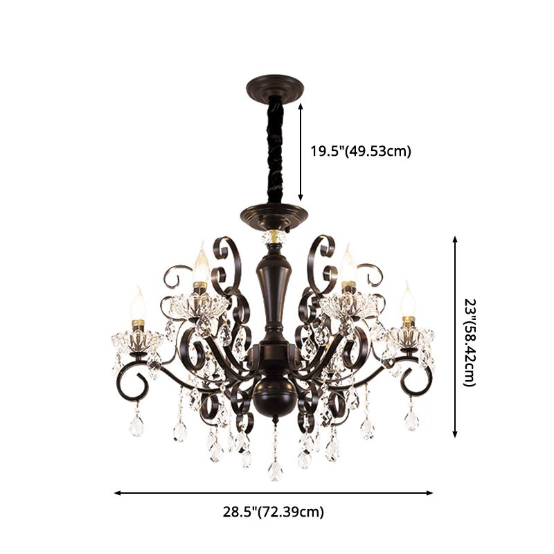 Black American Rustic Style Large Chandelier Vintage Candlestick Design Metal Pendant Light with Crystal Drops