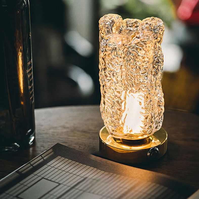 Clear Textured Glass Cylindrical Night Lamp Modern 1 Head Gold Table Light