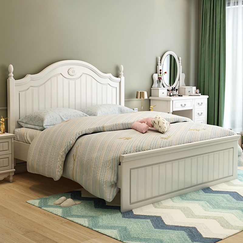 French Country Panel Bed Wood White Bed Frame with Arched Headboard