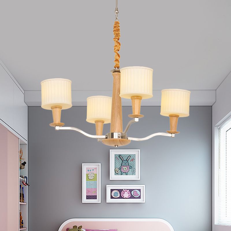 Lustre de plafond radial beige moderniste moderniste en bois suspendu en bois avec tambour en verre crème à tambour