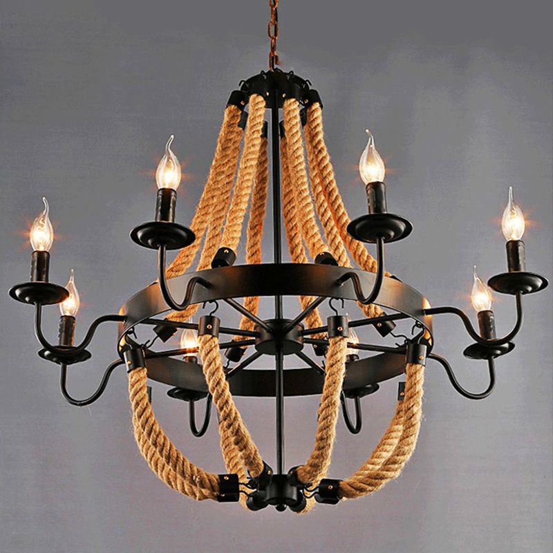 Loft Style Candelabrum Chandelier 8 Bulbs Hemp Rope Hanging Lamp in Black for Living Room