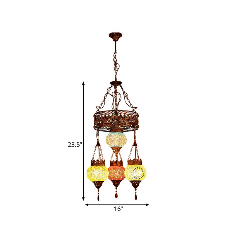 4 Heads Ceiling Chandelier Traditional Lantern Stained Glass Suspension Lighting Fixture in Copper for Restaurant