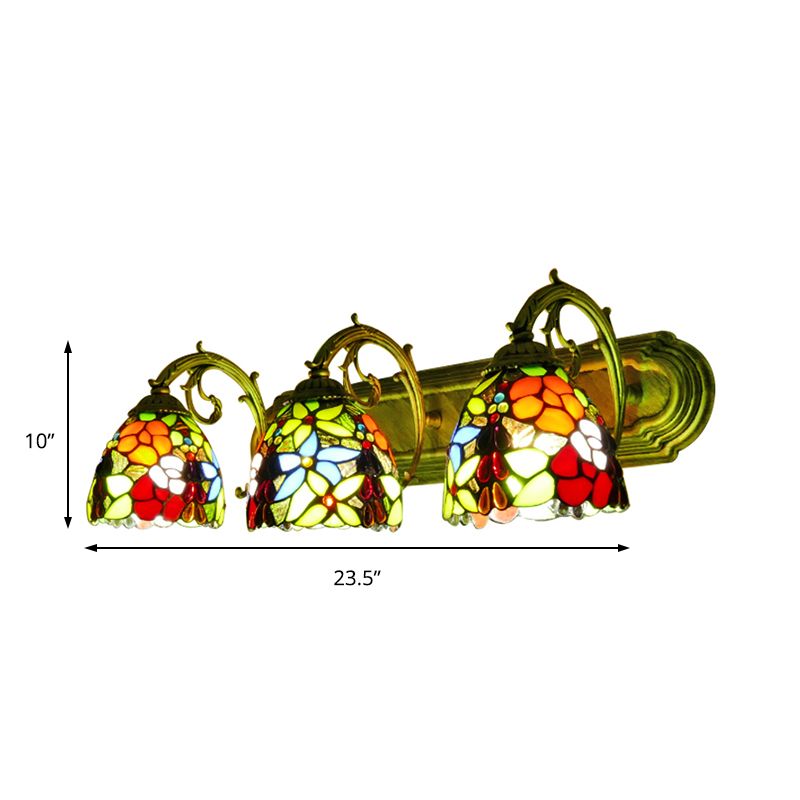 Rustic Dome-Shaped Wall Lighting Stained Glass 3 Lights Colorful Wall Sconce Lighting with Flower Pattern