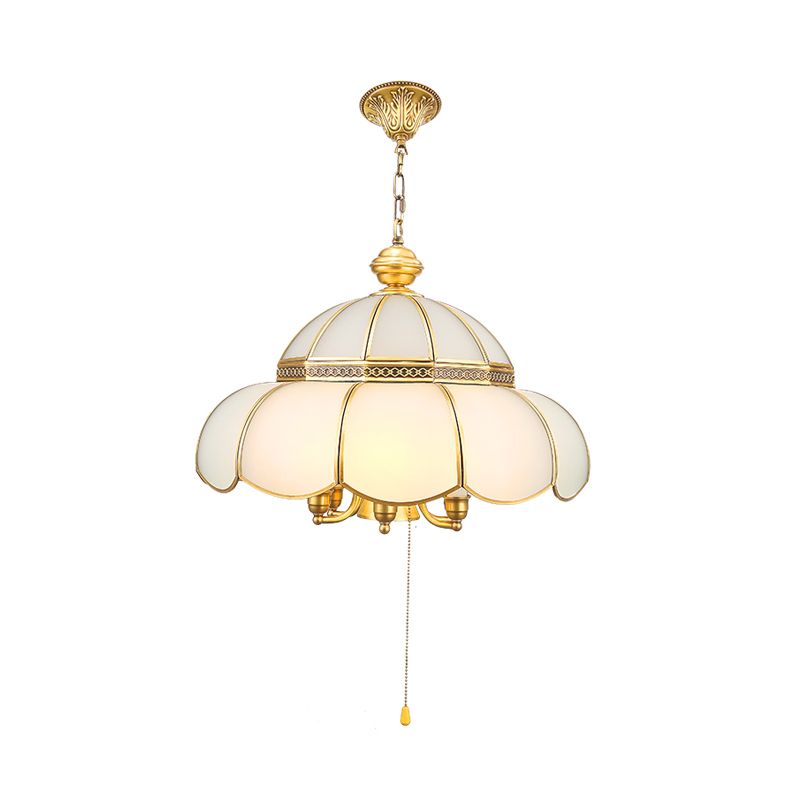6 lampadine Sospensione in vetro Crema Luce tradizionale Corridatore smerlato oro Lumo con catena di trazione
