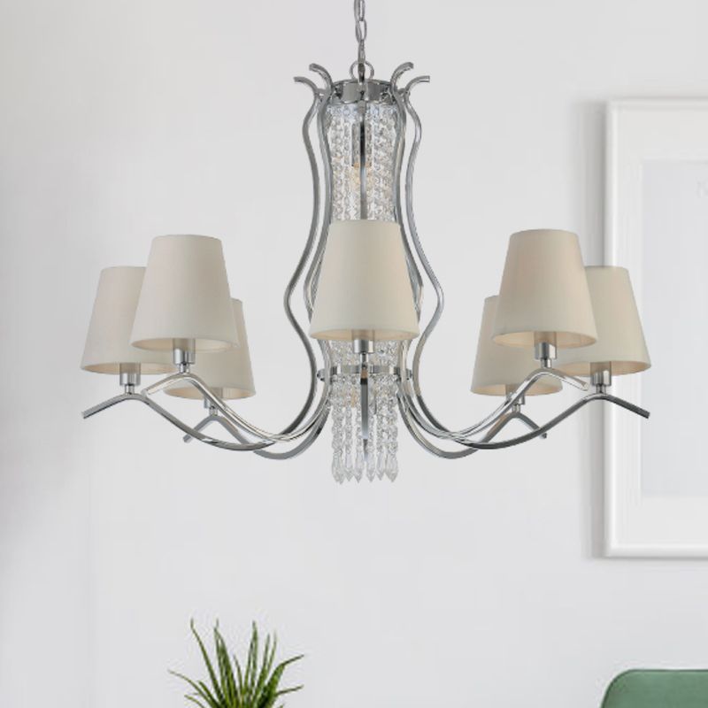 Crystal Stands Scrolls Prendant Lighting Traditional 9 Heads Parlour Chandelier avec une nuance de tissu conique blanc
