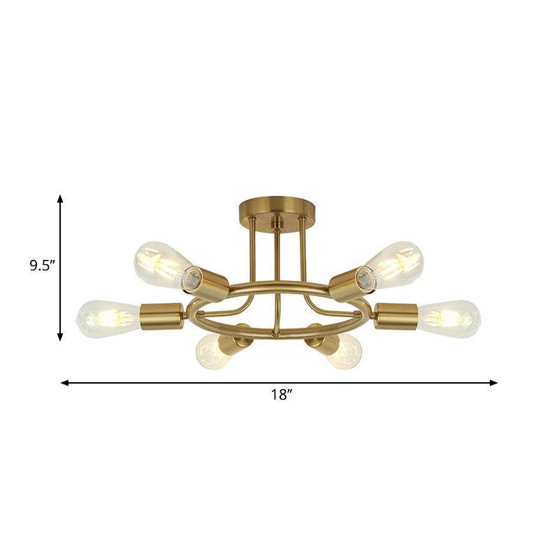 Bare Bulb Semi Flush Ceiling Light Mid Century Metallic 6 Heads Semi Mount Light in Brass/Black Finish