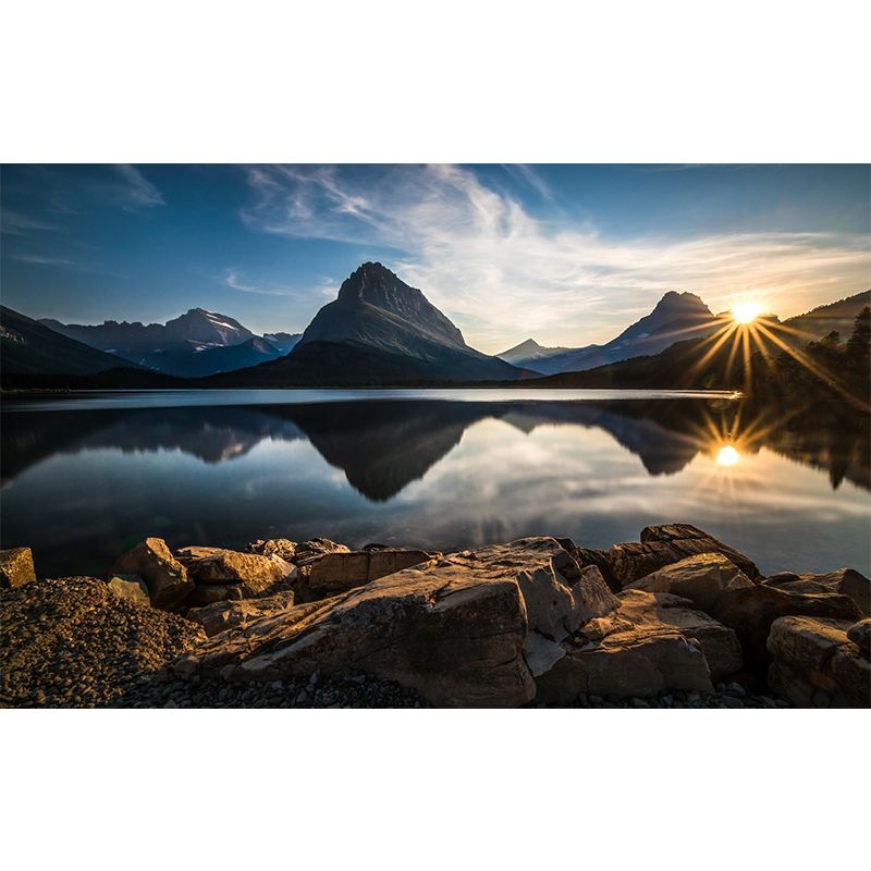 Sunrise Mountain Lake Reflection Mural Brown Modernism Wall Covering for Bedroom