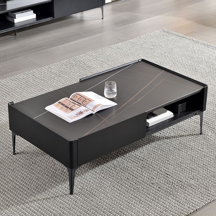 Rectangular Slate Top Coffee Table 4 Legs Cocktail Table with Storage
