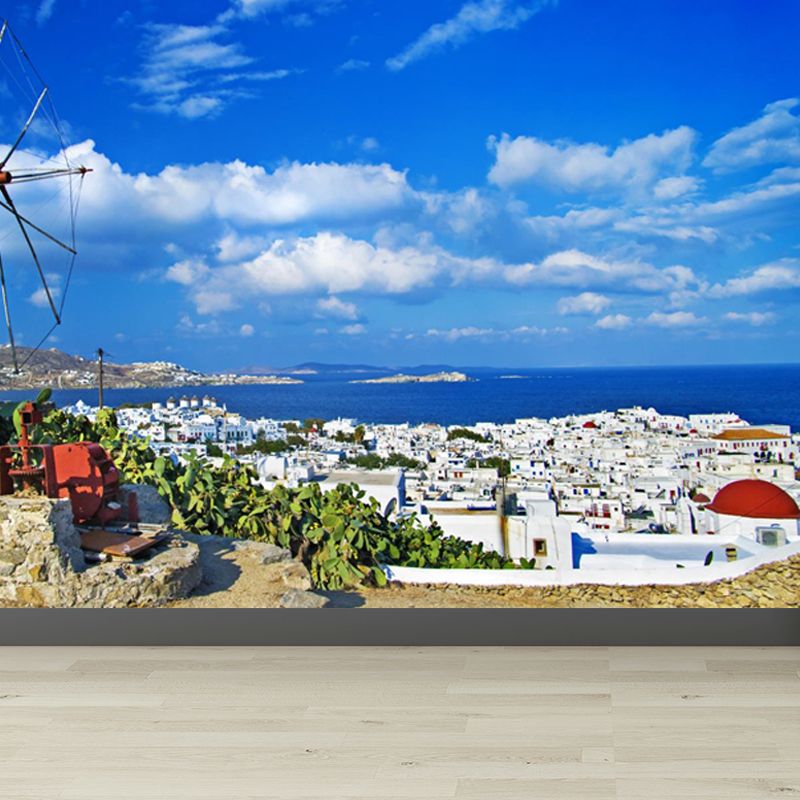 Huge Windmill Mural for Bathroom Nature Landscape Wall Art in Blue, Stain Resistant