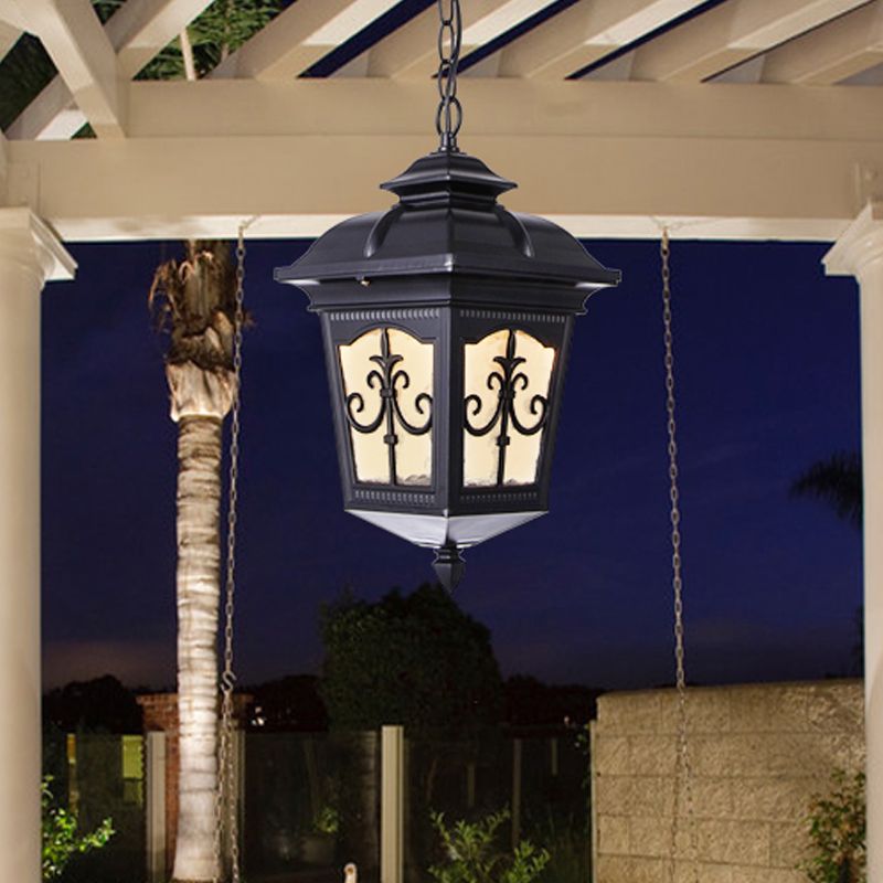 Clear Ripple Glass Black/Bronze Ceiling Lamp Lantern Shaped 1-Light Farmhouse Pendant Light Fixture for Patio