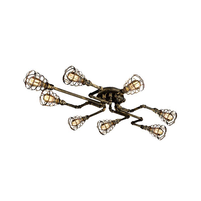 Tubo trenzado de bronce cerca de la lámpara de techo con pantalla de jaula Iluminación de techo interior de metal de estilo antiguo con 8 luces