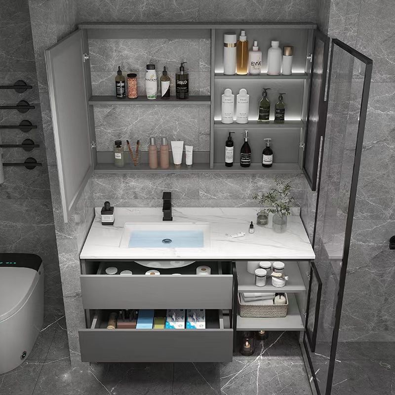 Wall Mount Bath Vanity Grey Metal Frame Mirror Single Sink Bathroom Vanity with Drawers