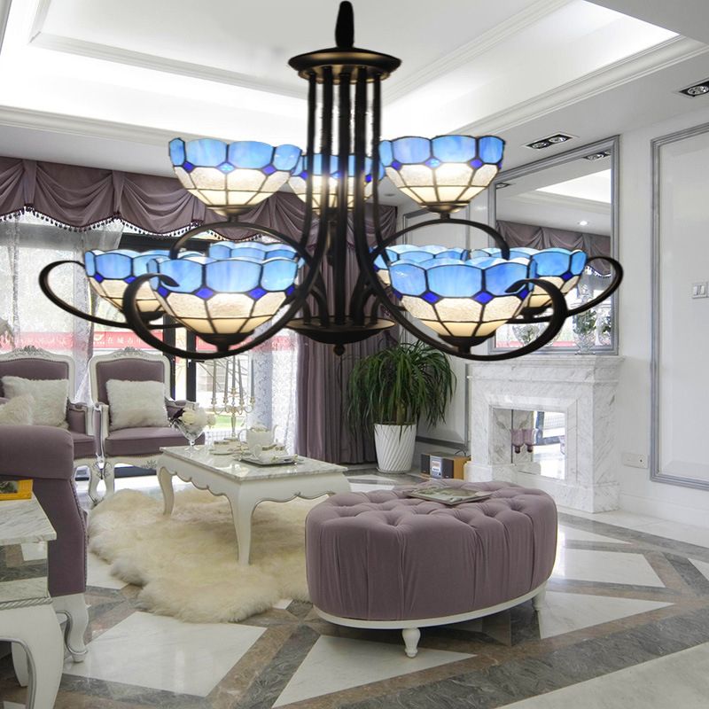 Multi Light Bowl Chandelier Light Blue Glass Ceiling Pendant Light in Black Finish for Living Room