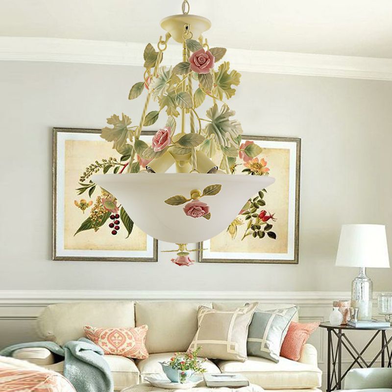 Pastoral Bowl Hanging Chandelier 3 Bulbs White Glass LED Flower Ceiling Light for Living Room
