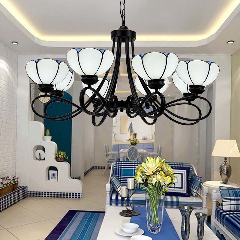 3/5 Lights Scalloped/Cone Hanging Chandelier Baroque White/Yellow/Beige Glass Suspension Lighting for Living Room with Curved Arm