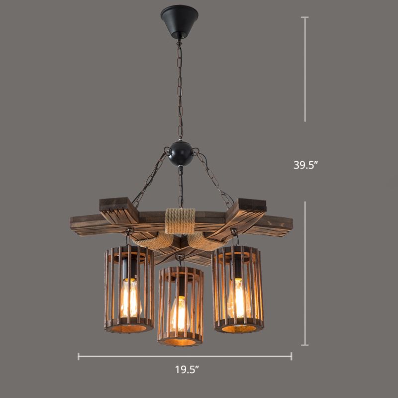 Farmhouse Cylindrical Cage Chandelier Light Wooden Hanging Lamp Kit for Dining Room
