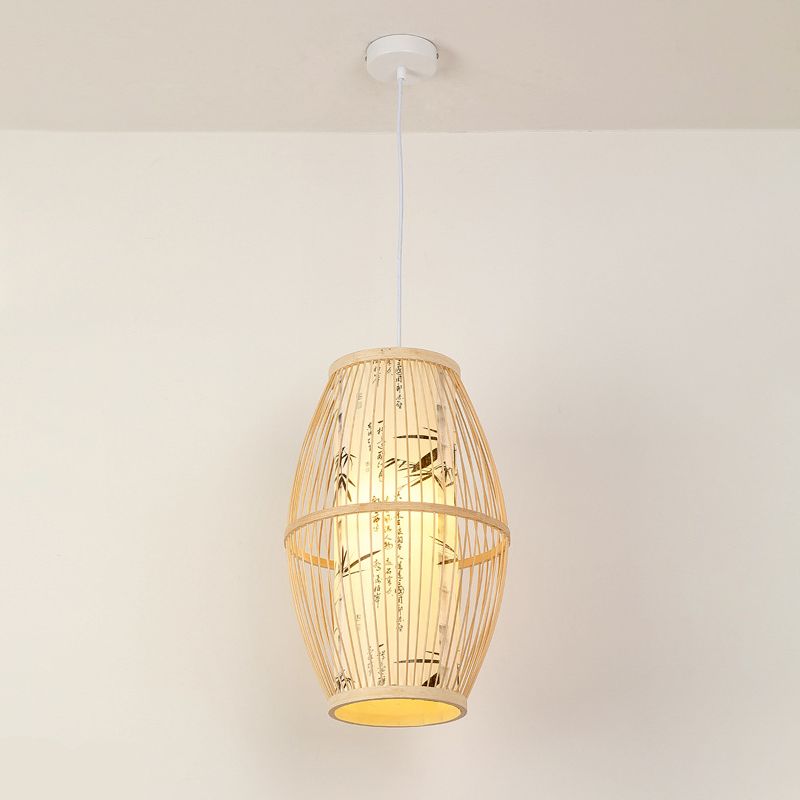 Diamond/Drum/Barrel Drop Pendant Asian Style Bamboo 1-Light Restaurant Hanging Light Kit in Beige