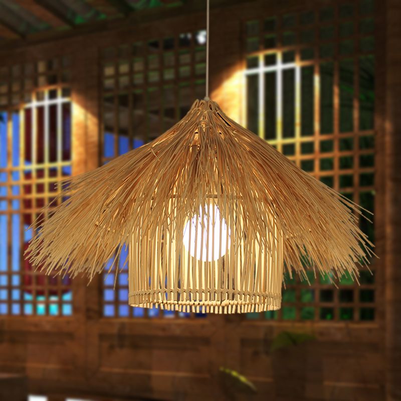 Asian 1 Head Ceiling Light Coffee/Flaxen Handcrafted Pendant Lighting Fixture with Bamboo Shade