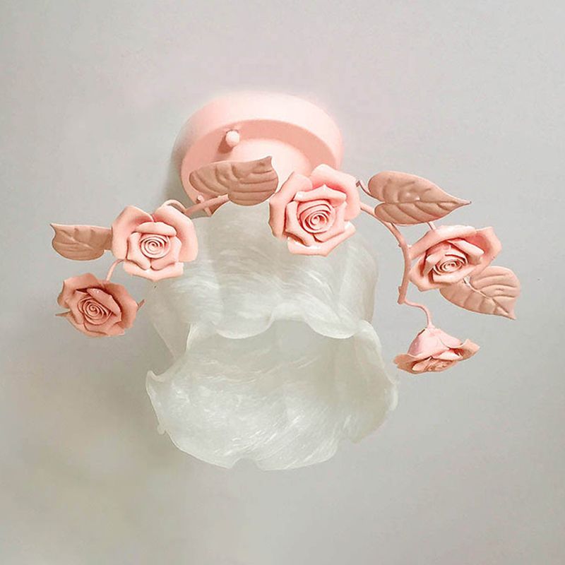 Ruffle Frosted White Glass Semi Flush Mounted Light Pastoral Style 1-Light Dining Room Ceiling Lighting in Pink/White/Blue