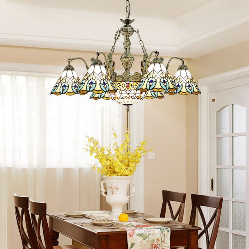 9 Lights Peacock Pendant Lighting Tiffany Style White Stained Glass Chandelier Lamp