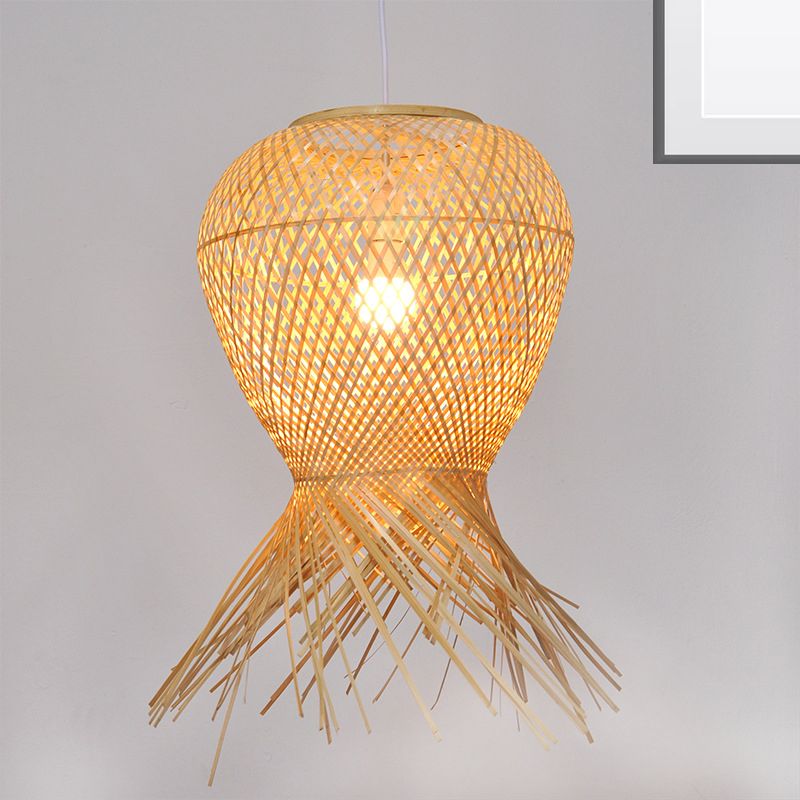 Contemporary Handcrafted Hanging Light Bamboo 1 Bulb Pendant Light Fixture in Beige