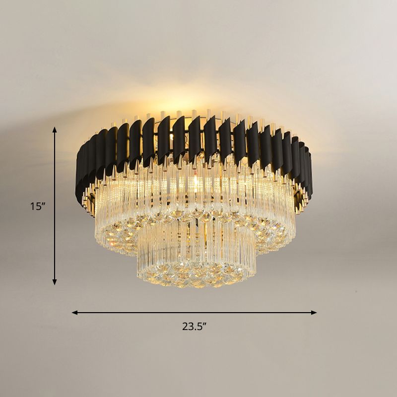 4 Heads Tapered Flush Ceiling Light Modern Black Finish Clear Dropped Crystals Lighting Fixture